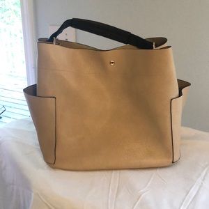 Faux leather purse, tan, dark brown, gold accents.